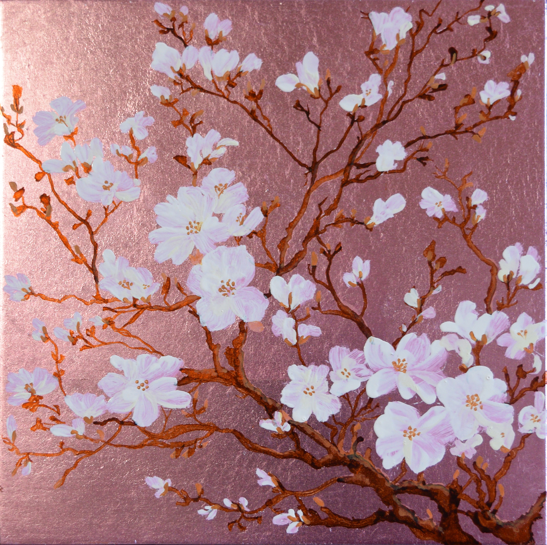 Chinoiserie cherry blossom on dyed pink genuine silver
