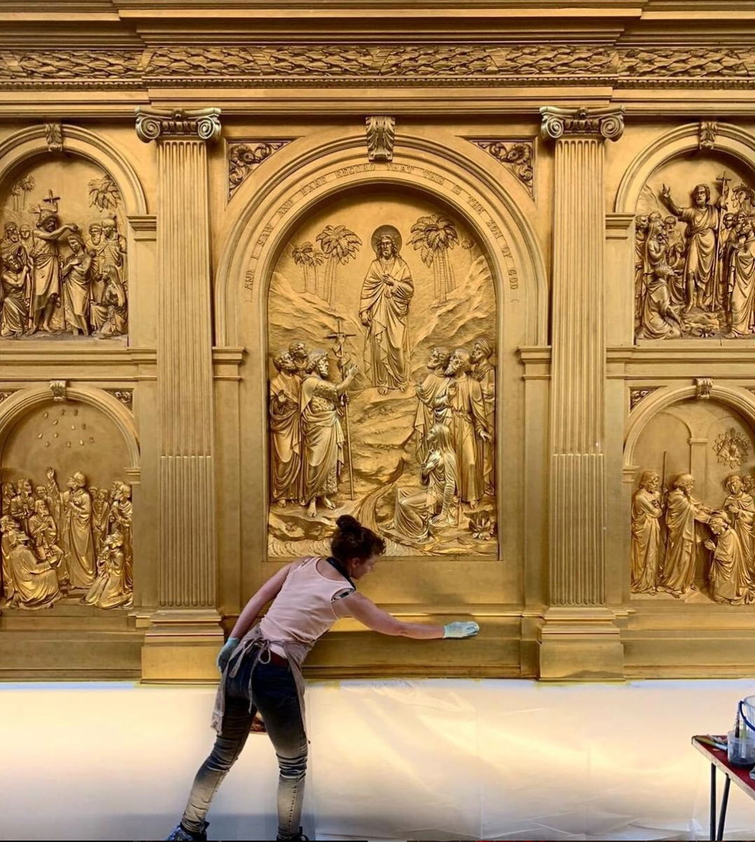 Conservation grade cleaning the reredos at St John at Hackney Church 2020