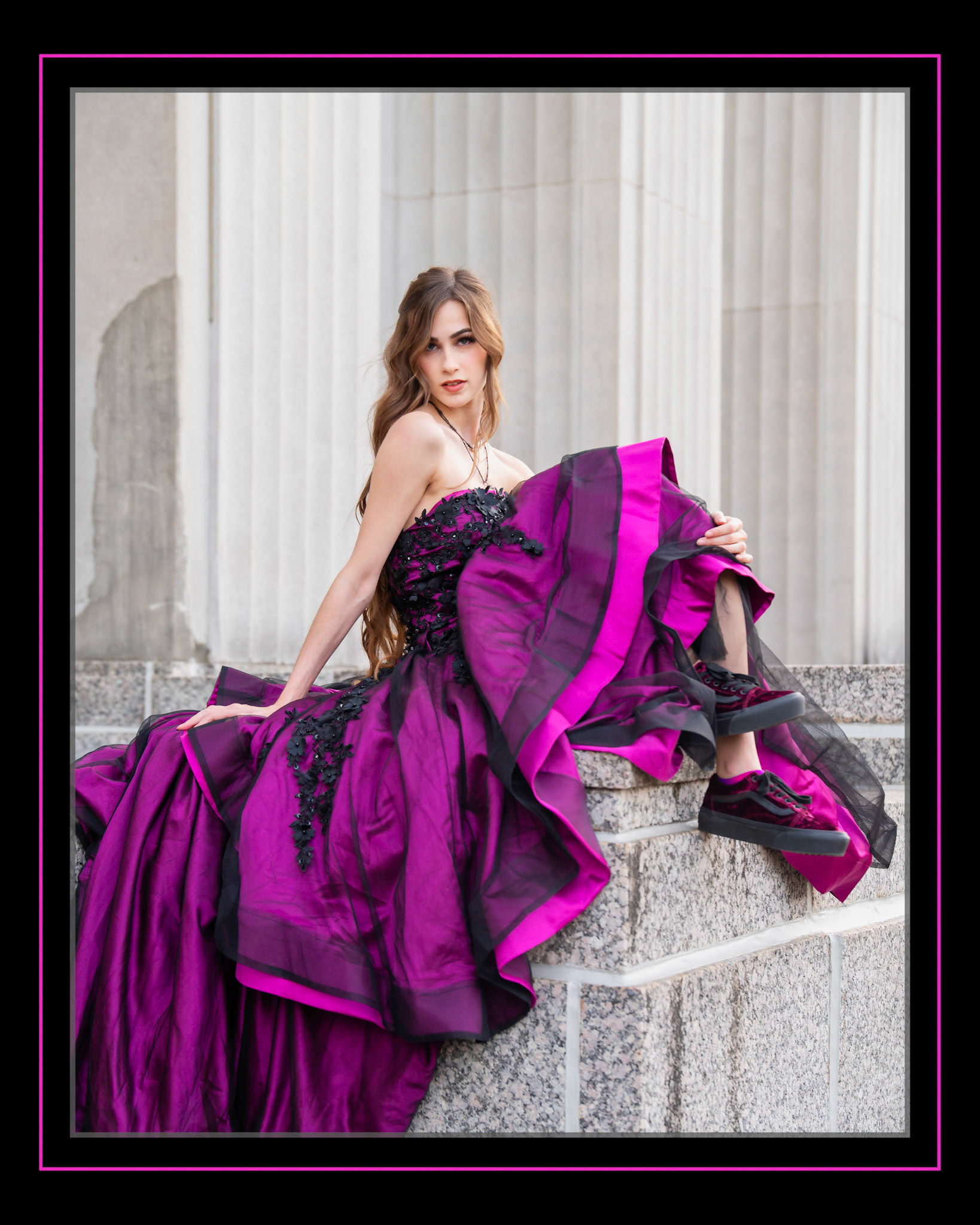 Madeline, our 'Purpureal Dream,' sparkles in #VivaMagenta, the color of the year, her dress almost as gorgeous as she is. 