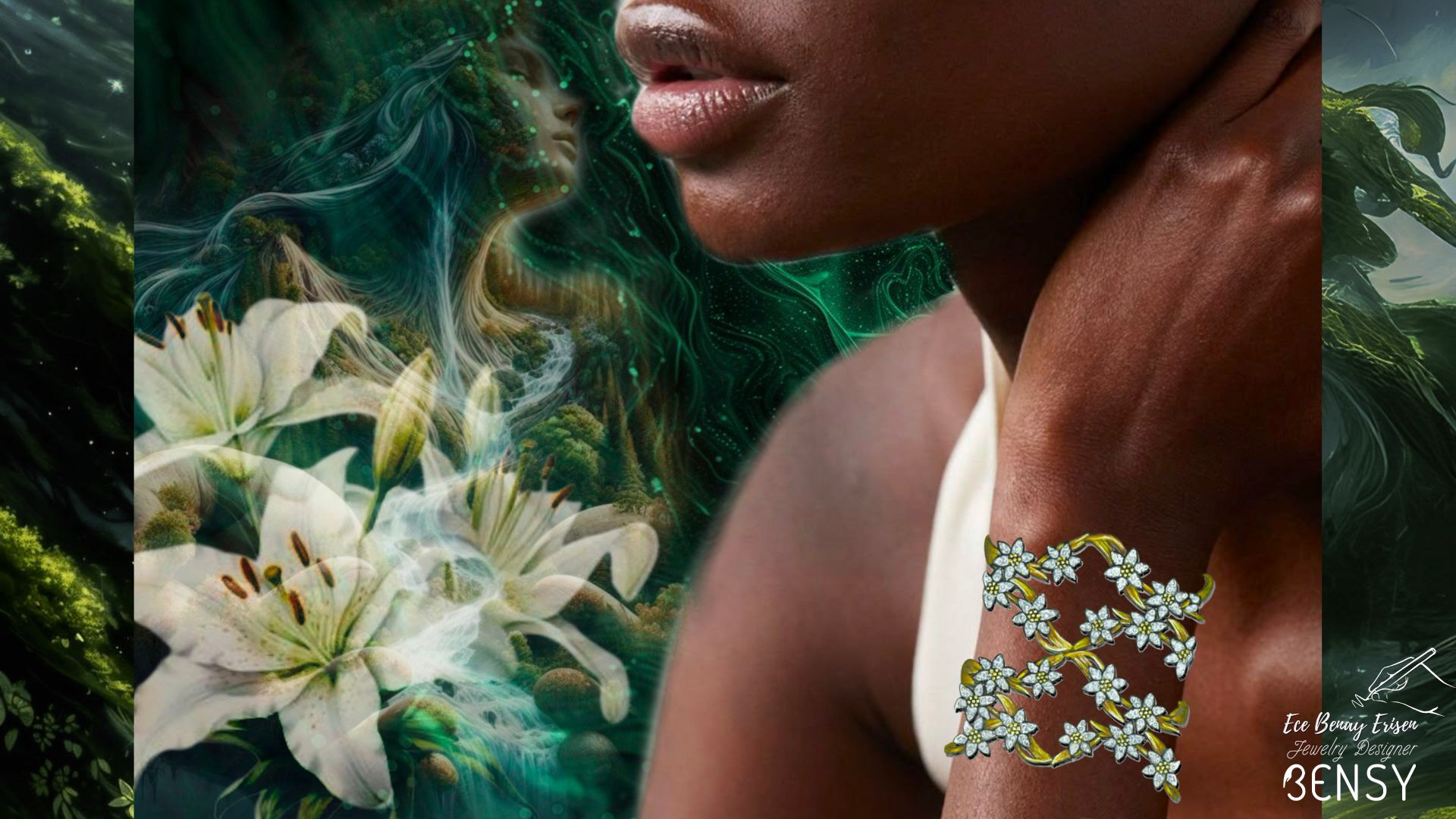 In this image, elegantly designed lily detailed jewelry inspired by Gaia is displayed. The designs reflect the pure beauty of nature, bringing the delicate lines and organic forms of the lily flower to life.