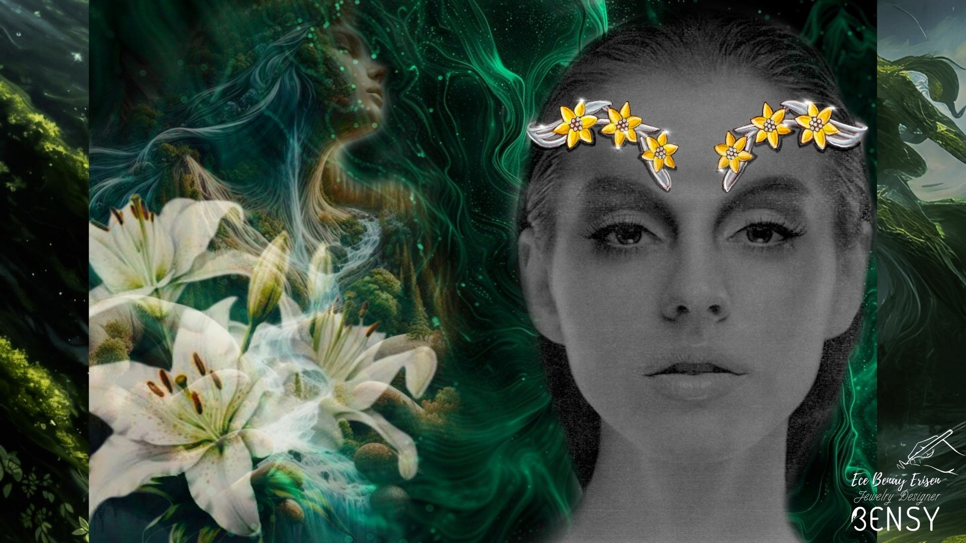 In this image, elegantly designed lily detailed jewelry inspired by Gaia is displayed. The designs reflect the pure beauty of nature, bringing the delicate lines and organic forms of the lily flower to life.