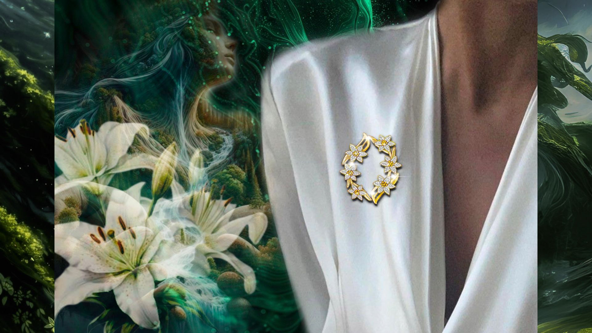 In this image, elegantly designed lily-detailed jewelry inspired by Gaia is displayed. The designs reflect the pure beauty of nature, bringing the delicate lines and organic forms of the lily flower to life.
