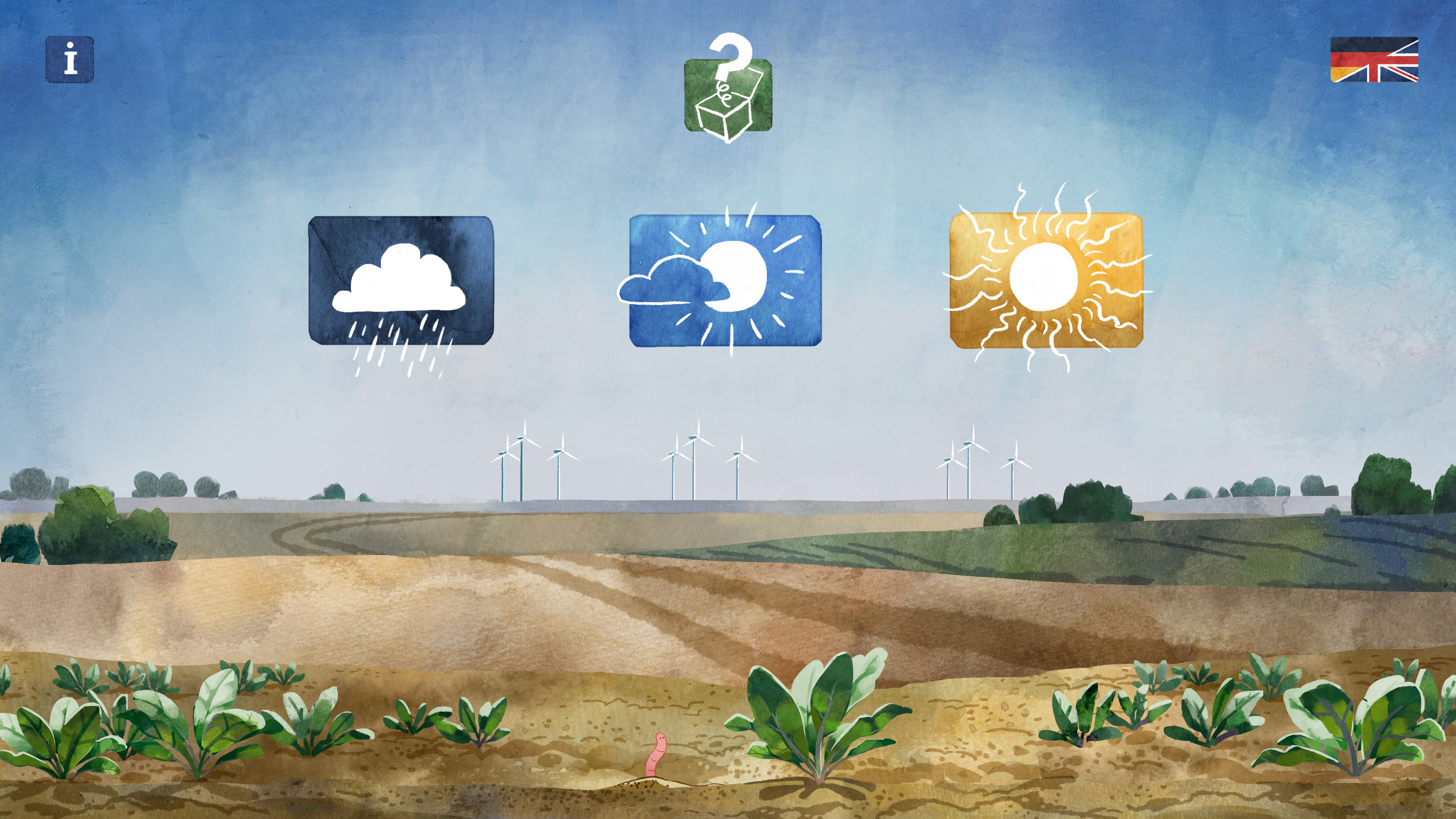 Interaktive Schaltfläche (Startbildschirm) einer App für's Museum. Zu sehen ist eine mitteleuropäische Agrarlandschaft mit Feldkultur im Vordergrund und Windrädern im Hintergrund. Es guckt ein Regenwurm aus dem Boden.
