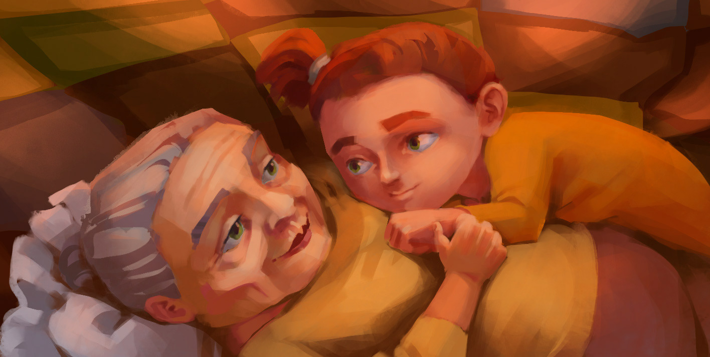 Oma und Greta kuscheln sich unter der Decke versöhnlich aneinander.