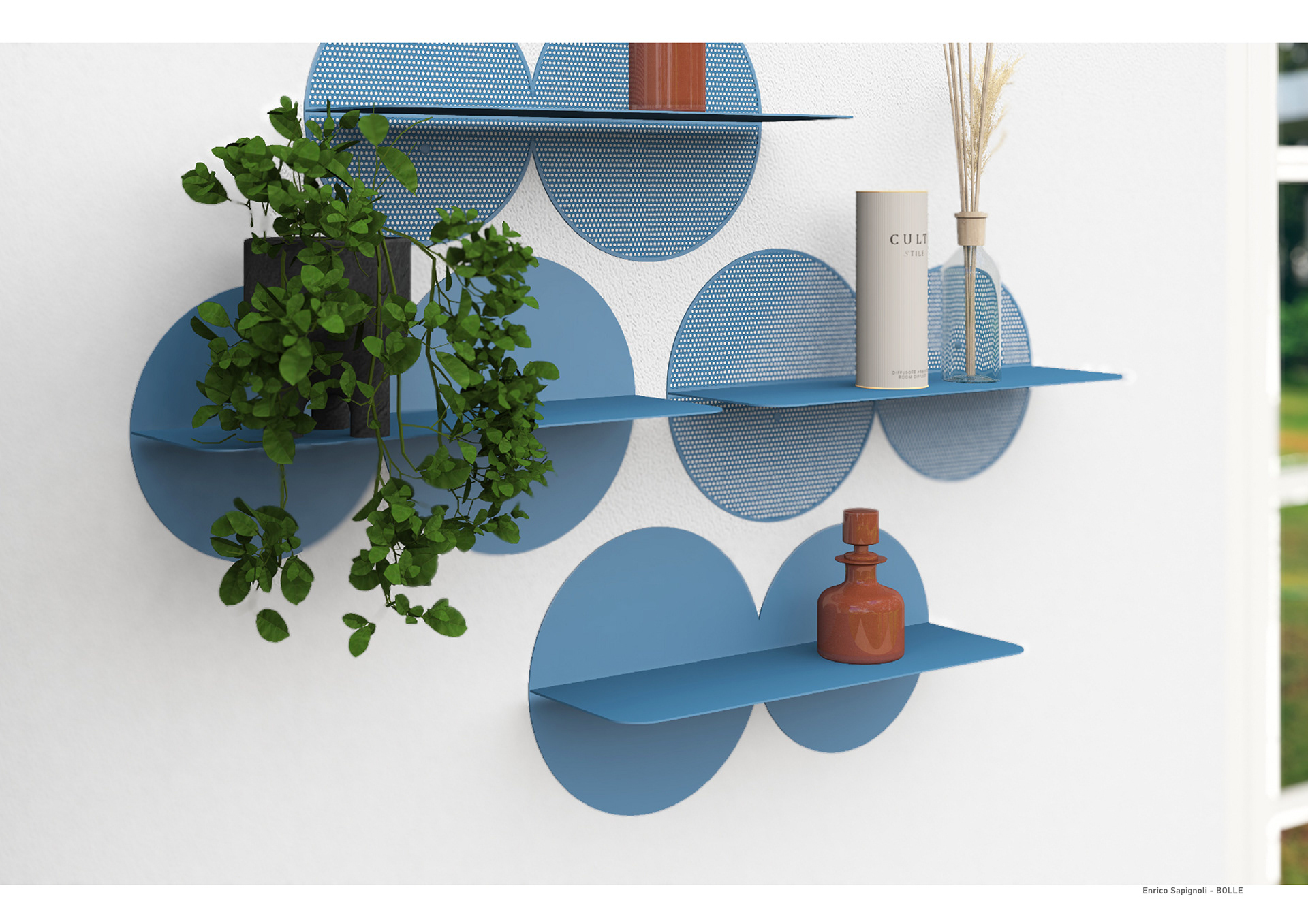 mensola da parete in metallo e lamiera punzonata con forma rotonda e ovale, bordi rotondeggianti, mensole componibili, installazione su parete in muratura e/o cartongesso