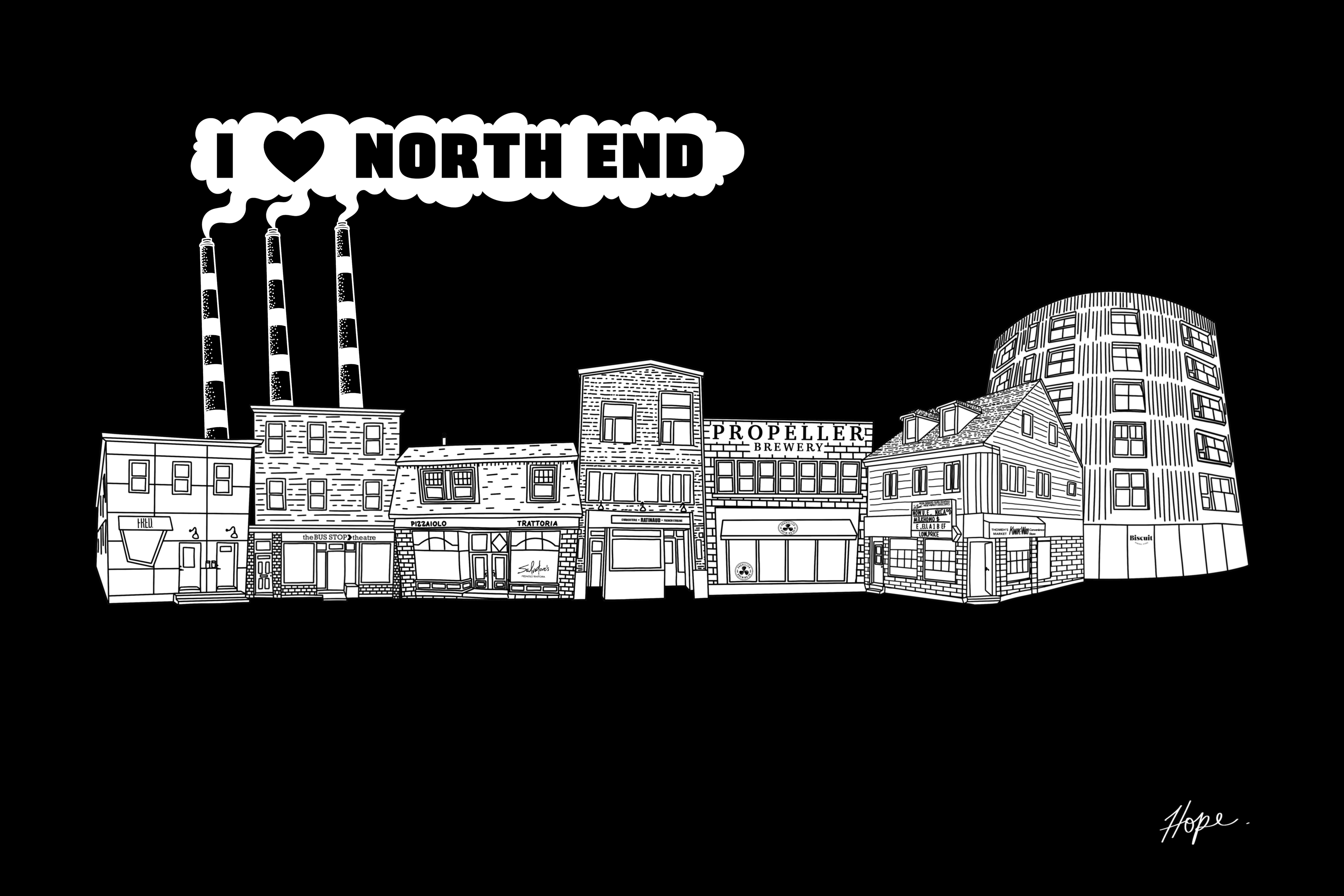 Love Note to the North End postcard design, version 3, black and white
