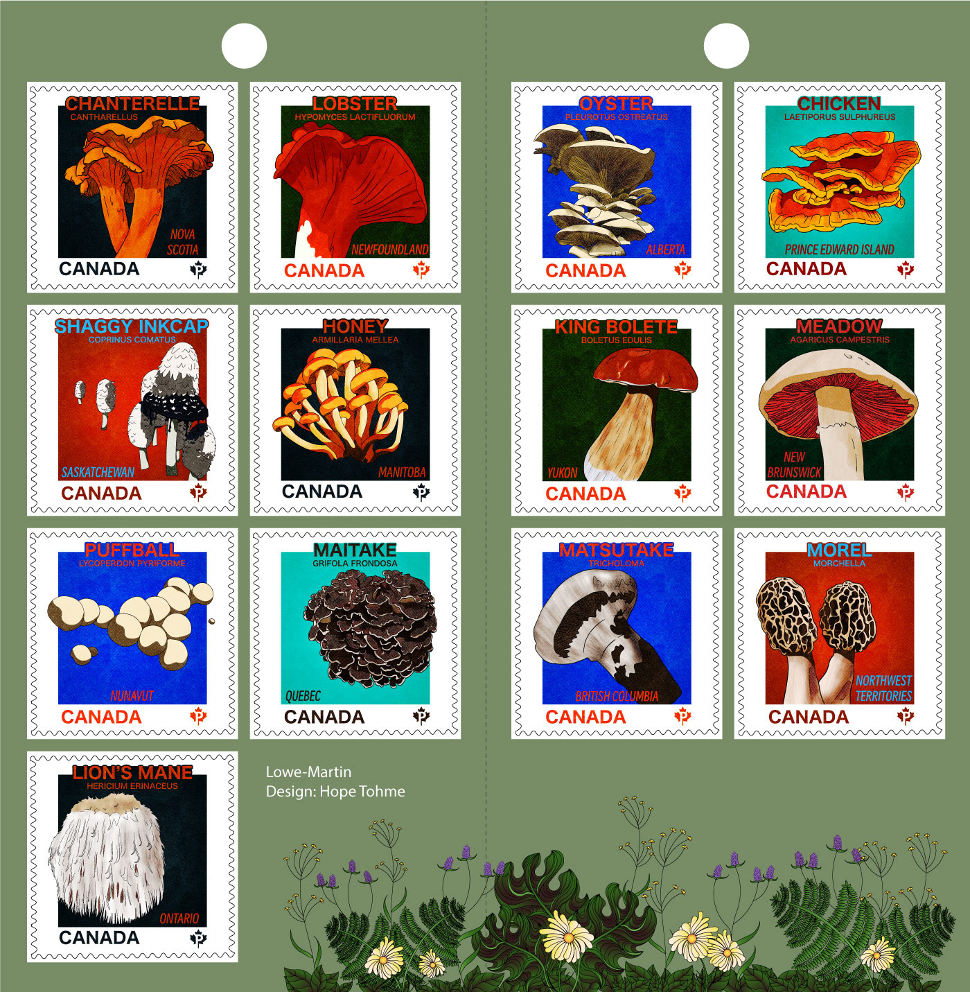 Inside of stamp booklet, showing all Mushrooms of Canada stamps