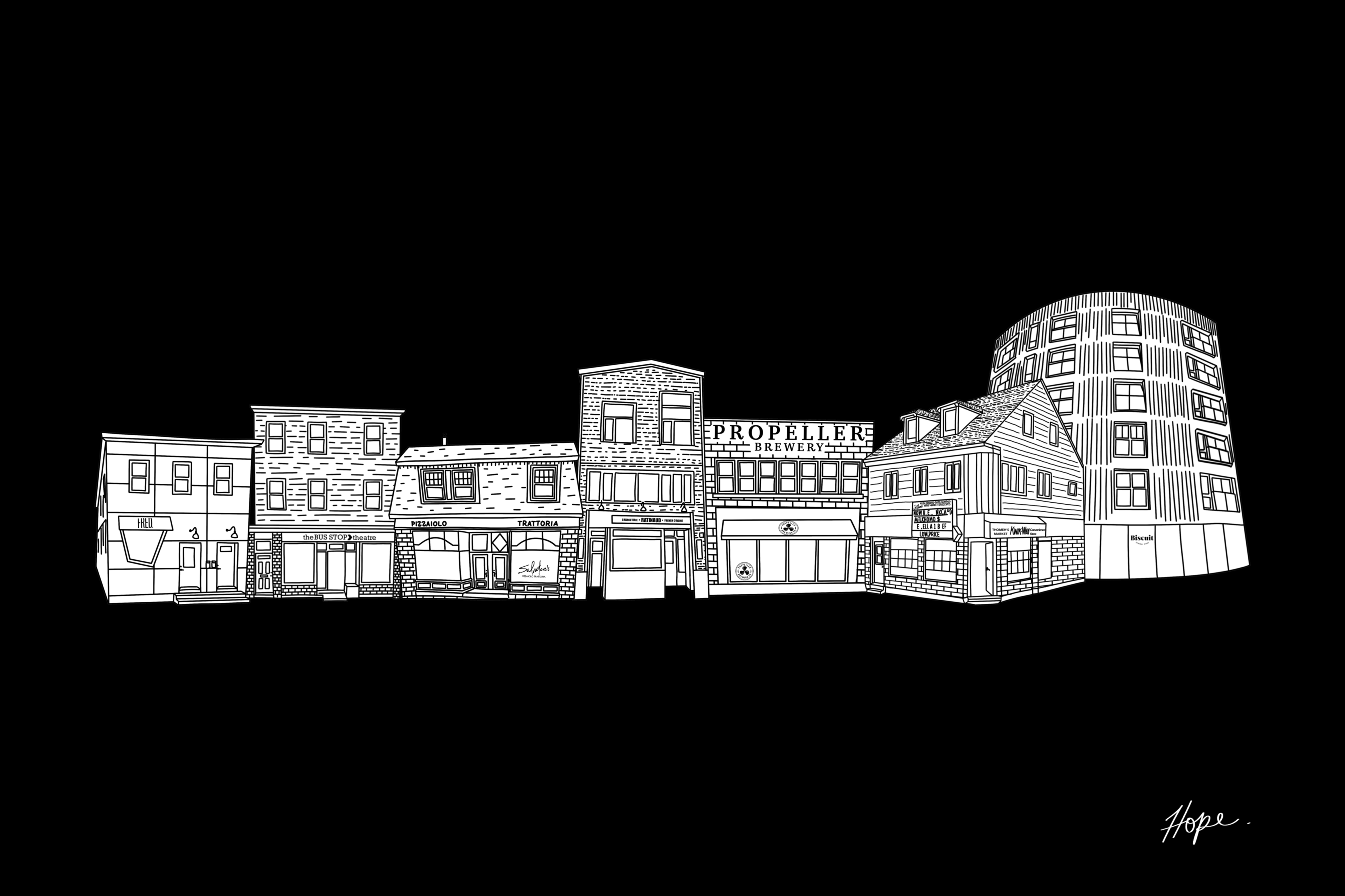 North End Halifax businesses hand drawn next to each other as if on the same street