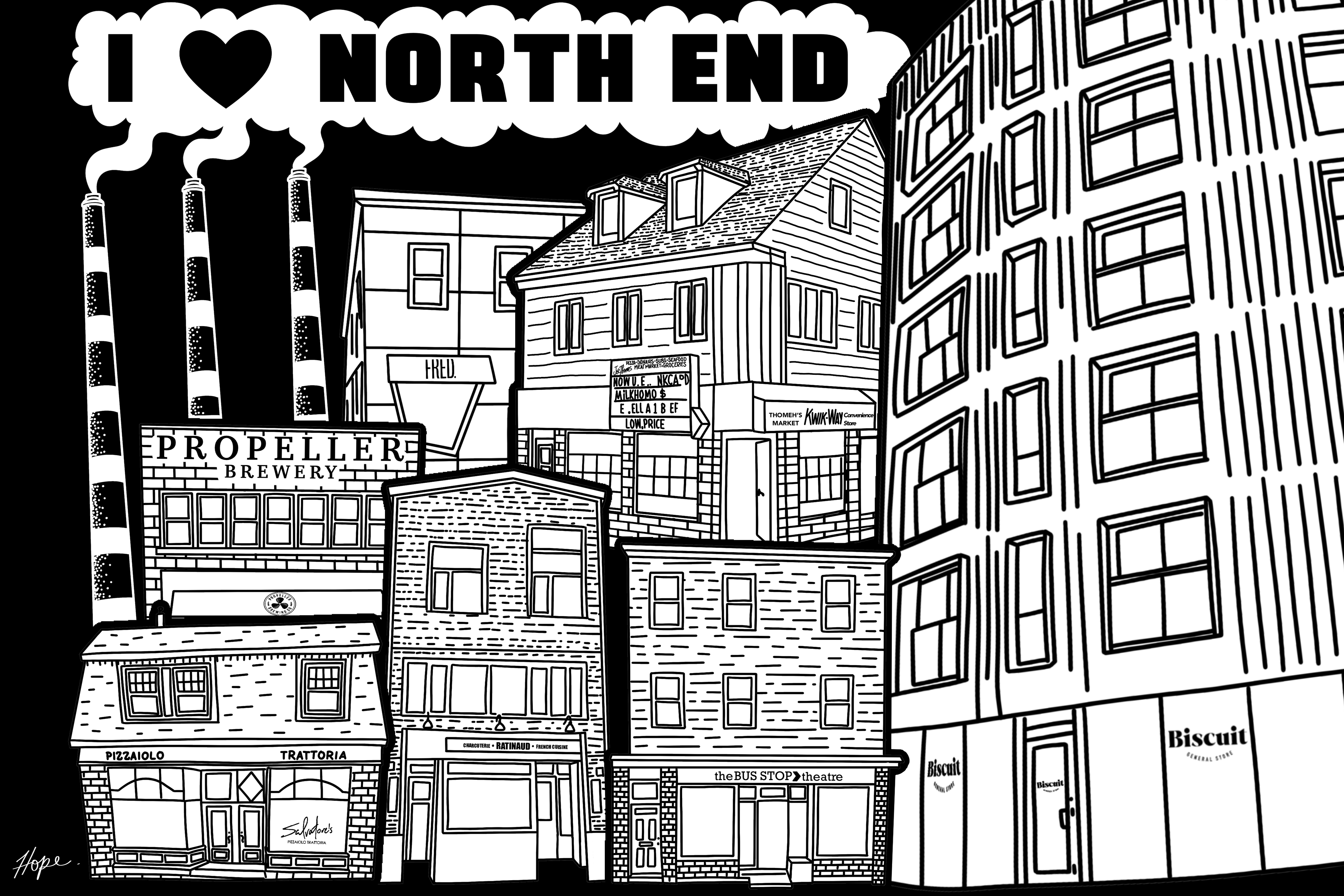 Love Note to the North End postcard design, black and white