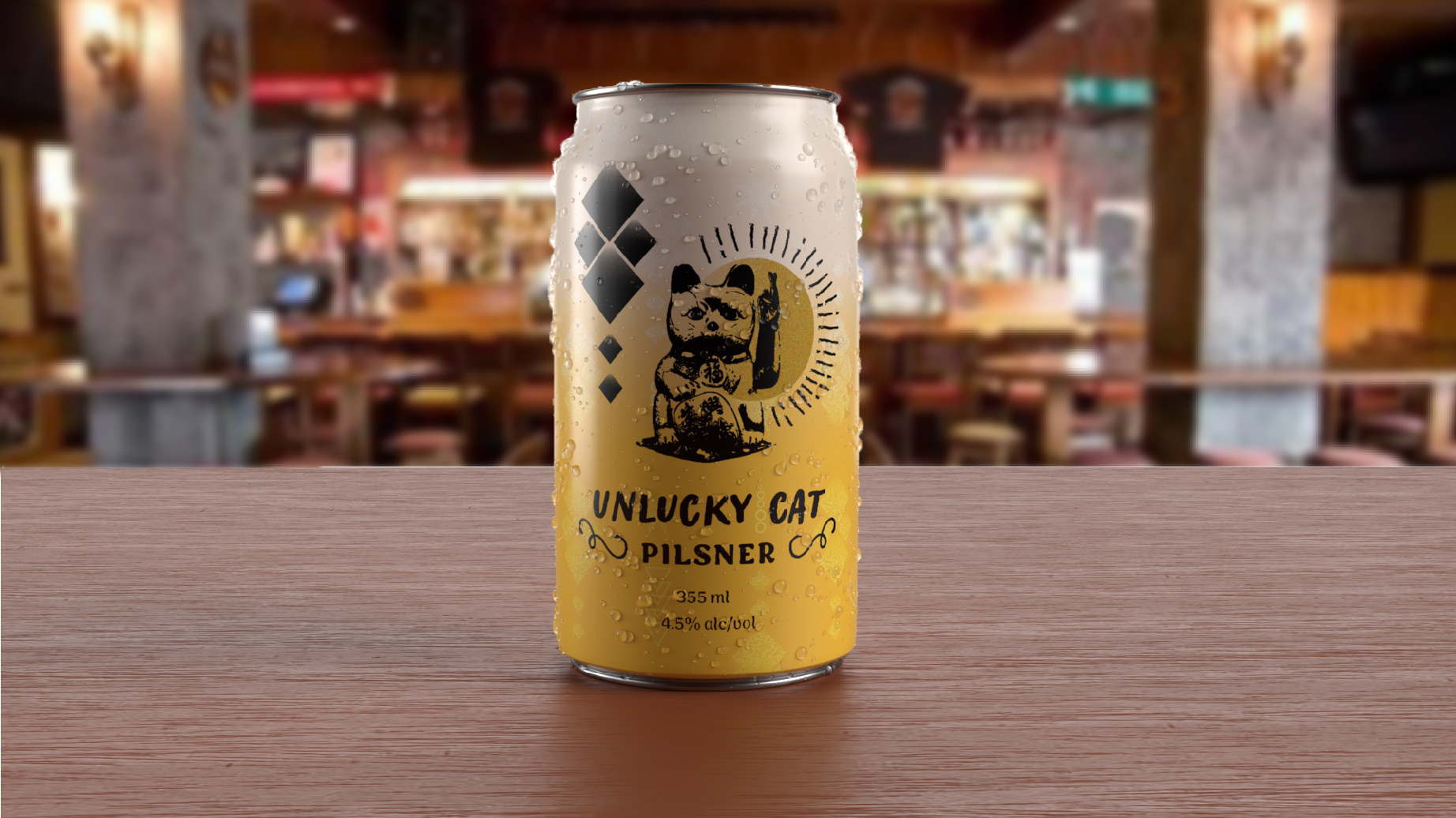 Unlucky Cat can render where the can is sitting on a table in a bar