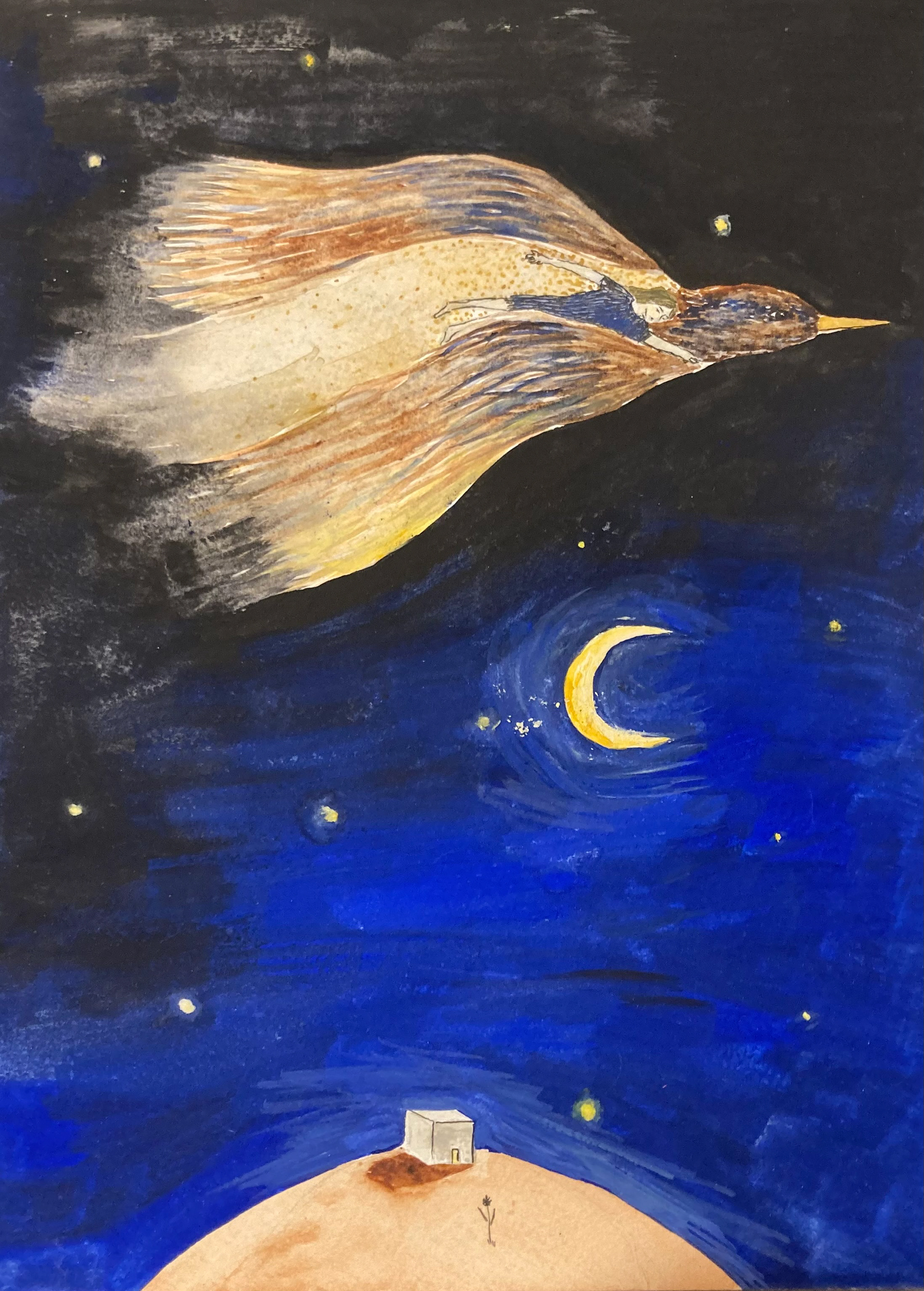 en vuelo, gouache y tinta sobre papel, 20 x 28 cm