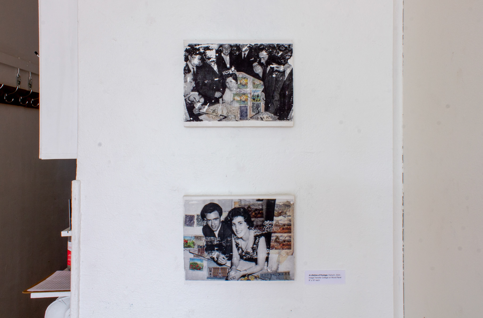 A Lifetime of Postage, Diptych, 2024.  Image Transfer Collage on Wood Panel 8” x 10” each