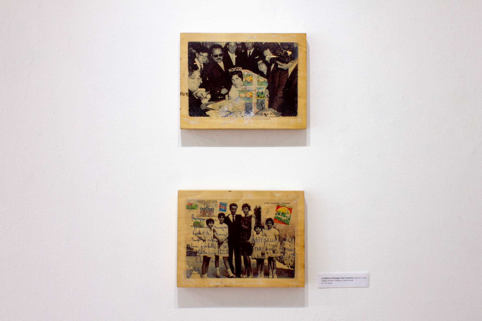 A Lifetime of Postage (Test Transfers), Diptych, 2024.  Image Transfer Collage on Wood Panel 9” x 12” each