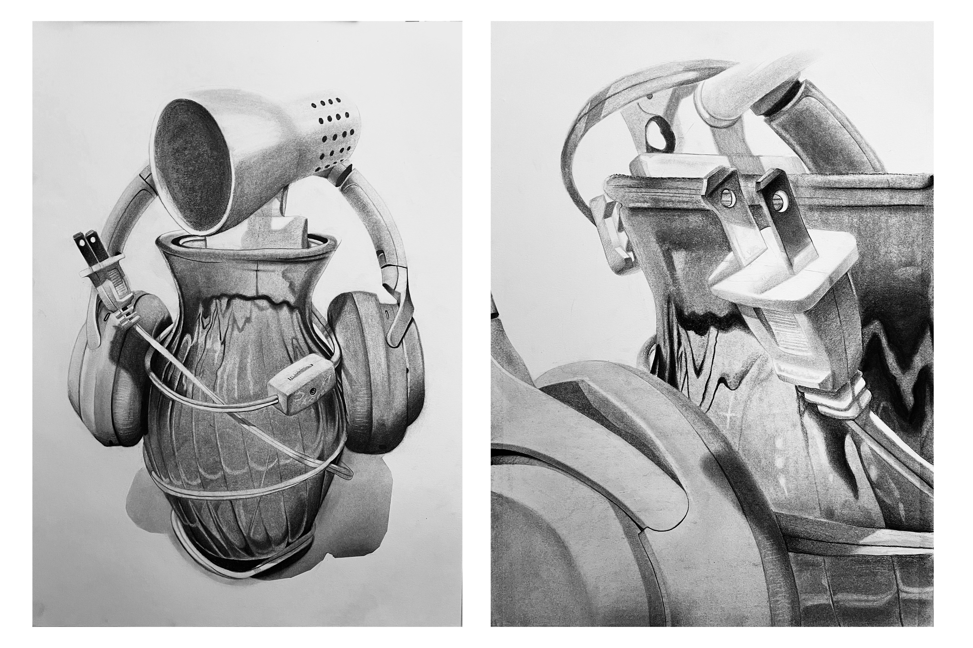 Unusual Objects: Diptych. 2021. Vine Charcoal and Graphite on Stonehenge Paper. 22” x 15” each.