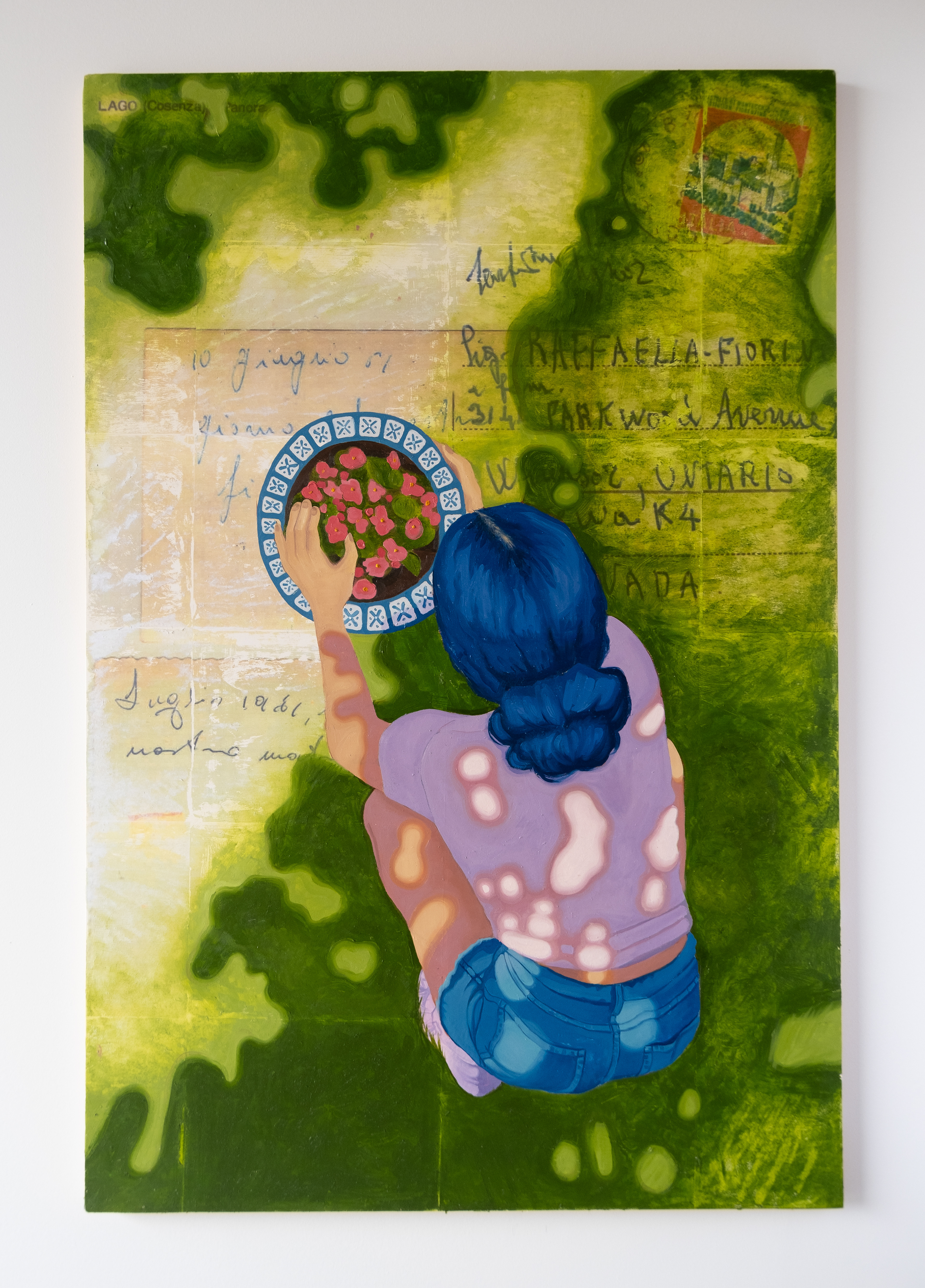 Begonias (Marking the Date), 2024 Oil Paint & Image Transfer on Birch Panel 32” x 48”