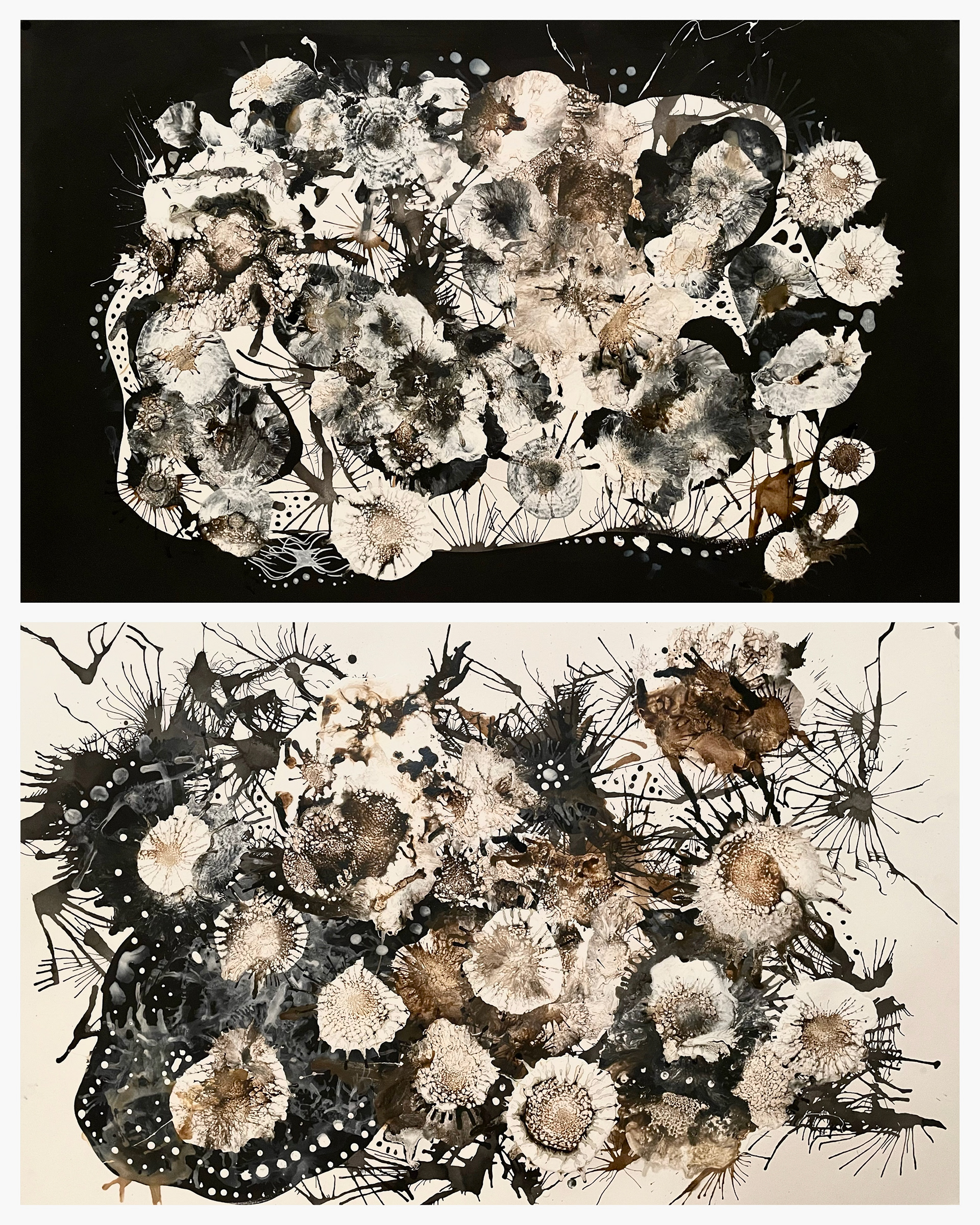 Mycelium: Diptych. March 2021. Acrylic Paint and Ink on Stonehenge Paper. 22" x 15" each