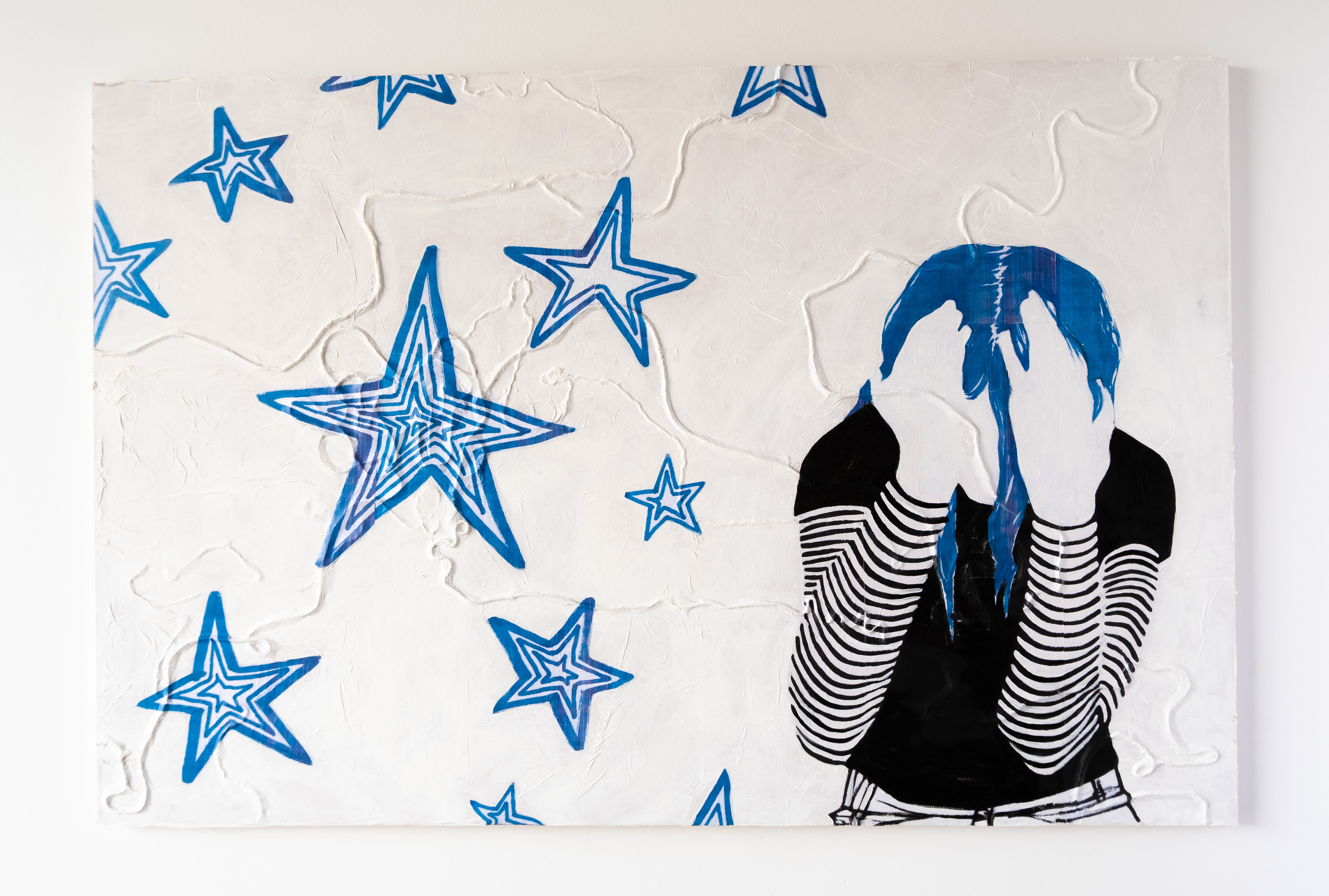 Blue Despair. 2024, Image Transfer & Oil on Wooden Panel. 32" x 48"