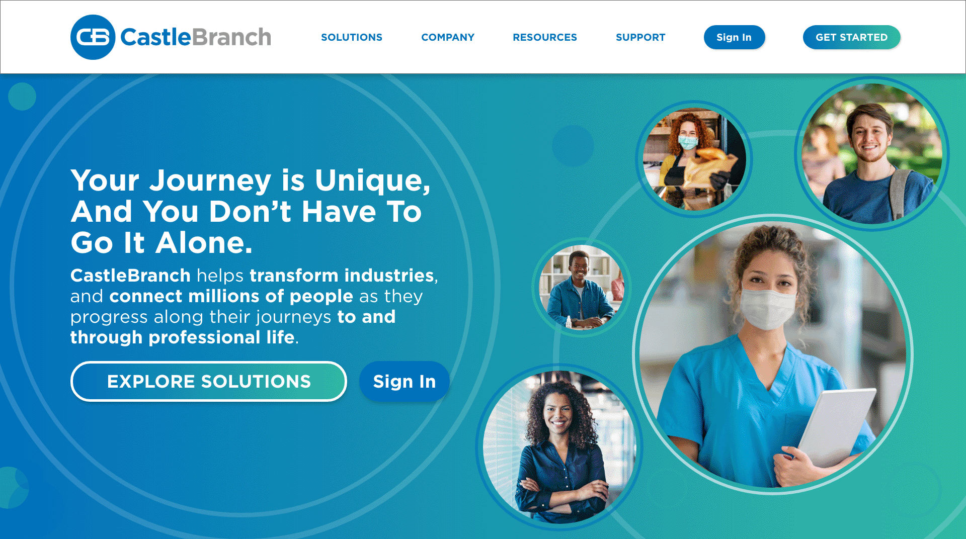 CastleBranch Homepage Design Mockup with Hover navigation menu and Get Started Button Pop–over window
