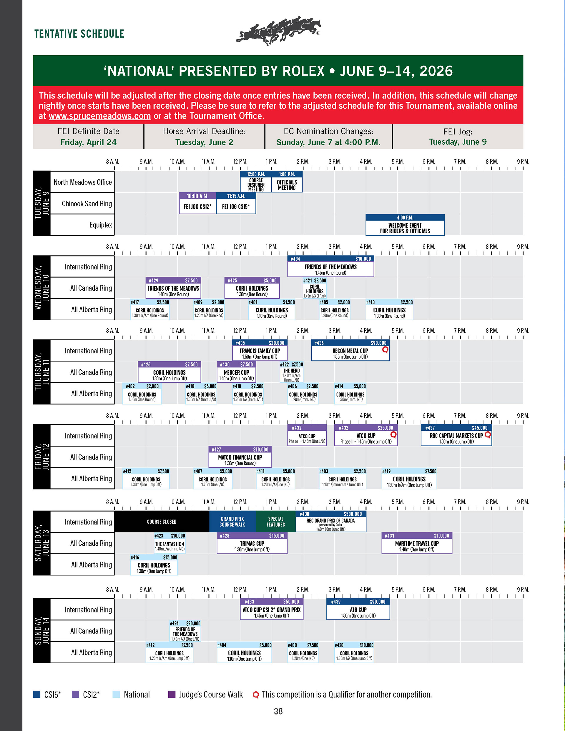 Tentative Schedule for the 'National' presented by Rolex
