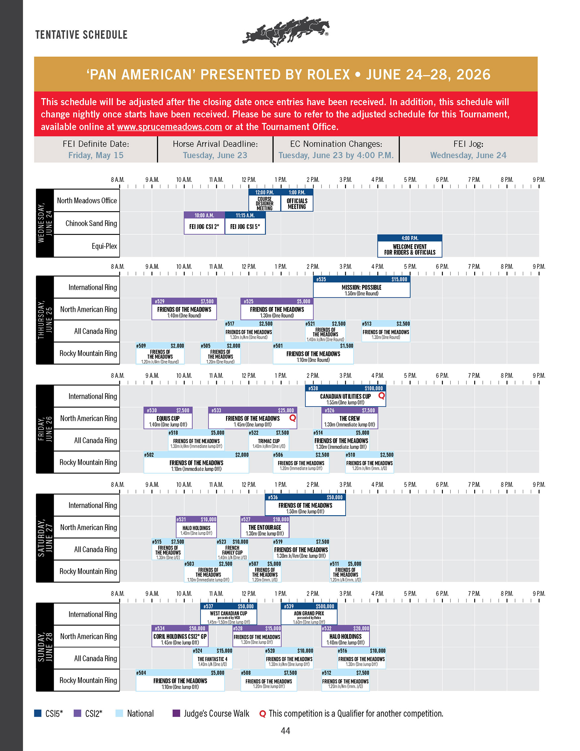 Tentative Schedule for the 'Pan American' presented by Rolex