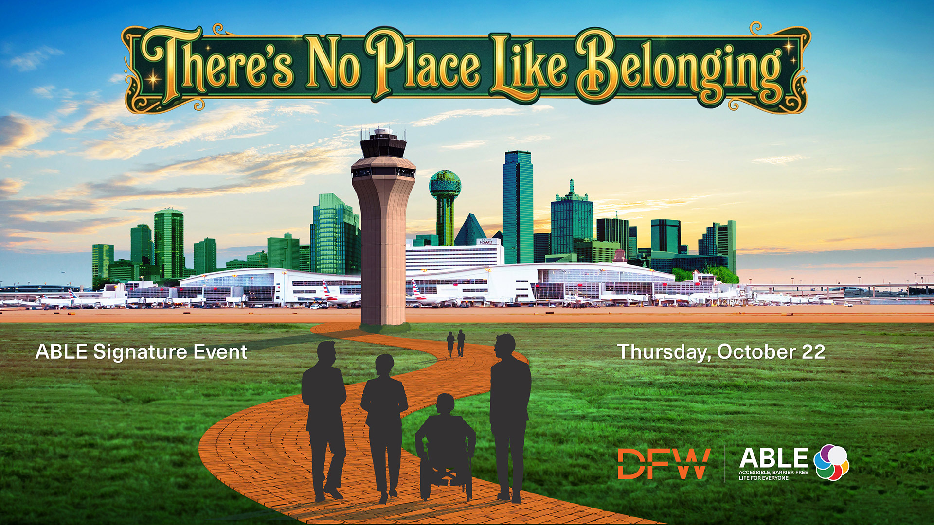 Company event to support disabled employees inspired by the Wizard of Oz. Composite image using Photoshop and AI generated title text with brand colors.
