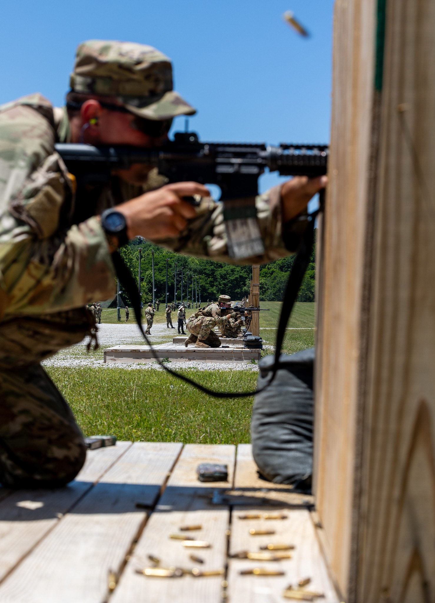 Cadets with 2nd Regiment, Advanced Camp, take on the range for their marksmanship practice qualification at George Blair Weapon Range on Fort Knox, Ky., June 14, 2024. Marksmanship practice qualification is an important component of Cadet Summer Training. It readies cadets for the actual qualification, improving the overall effectiveness and safety of their training. A practice round is extremely beneficial for Cadets, as