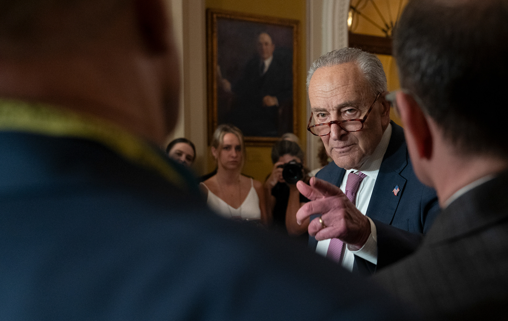 Senate Democratic Leader Chuck Schumer points at a journalist during a Senate Democratic Leadership media availability in Washington, D.C., on June 24, 2025. Schumer addressed reporters about President Donald Trump’s “one big, beautiful bill” and the administration’s postponement of a classified Senate briefing on U.S. airstrikes targeting Iran’s nuclear facilities.
