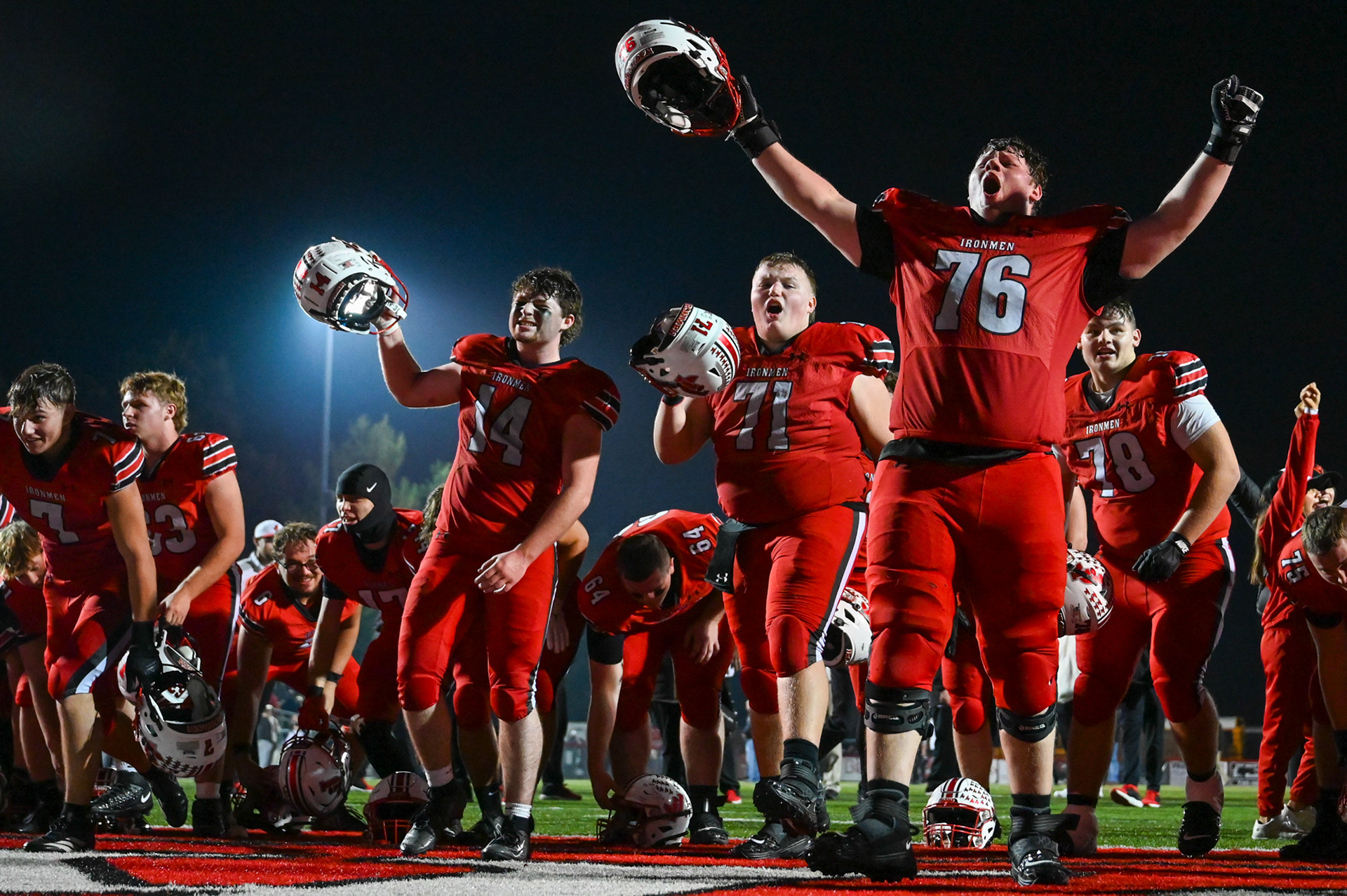 Jackson Ironmen celebrate after defeating the Miami Trace Panthers 24–21 during the 2025 OHSAA Division III Region 12 quarterfinal at Alumni Stadium in Jackson, Ohio, on Nov. 7, 2025. Quarterback Bodhi Wolford (5) threw a game-winning touchdown pass to Ryan Seimetz (7) with 35.6 seconds remaining, sealing a late comeback after Miami Trace led most of the second half.