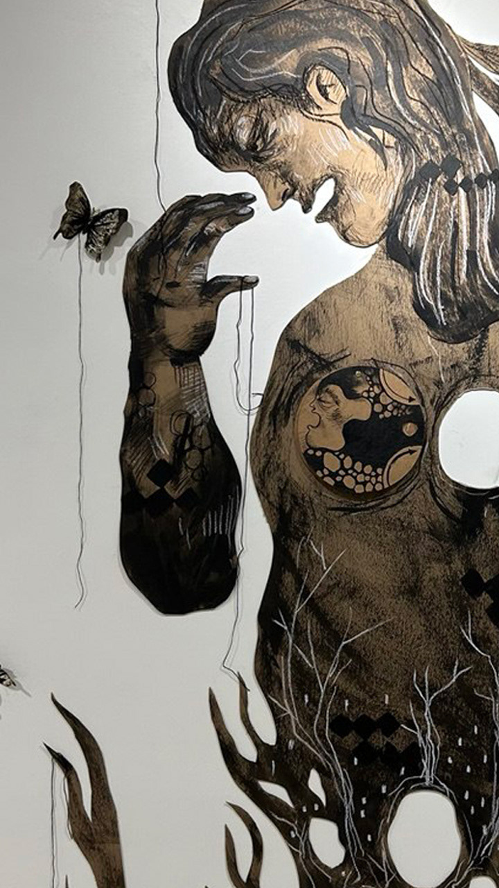 Puppet and Parvaneh, Acrylic and Charcoal on Cardboard, 2025