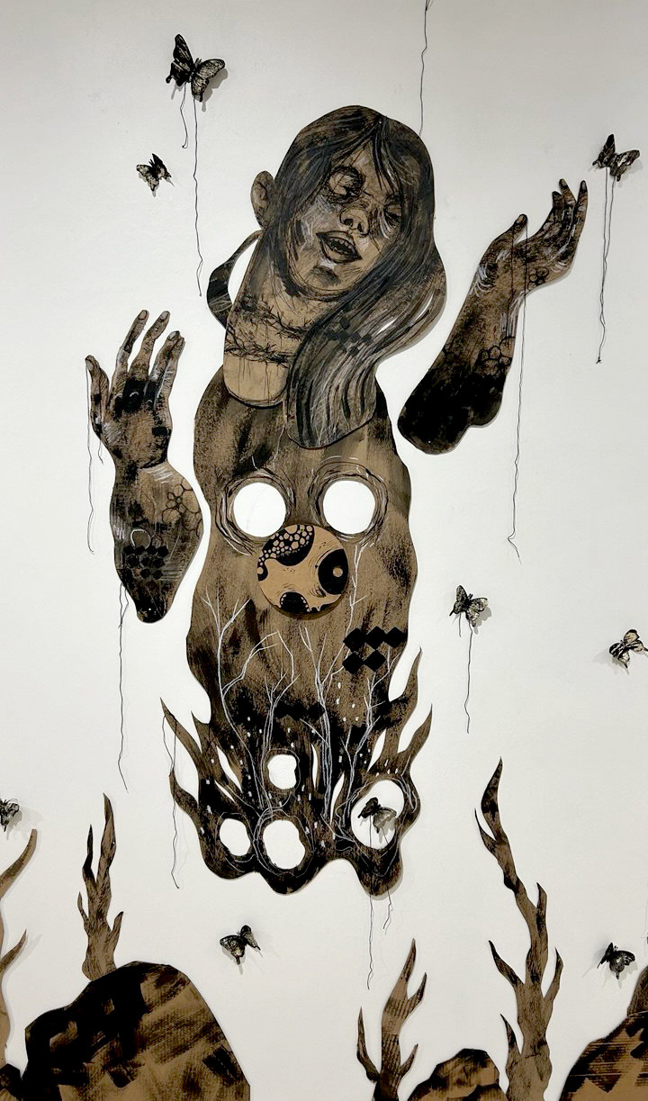 Puppet and Parvaneh, Acrylic and Charcoal on Cardboard, 2025