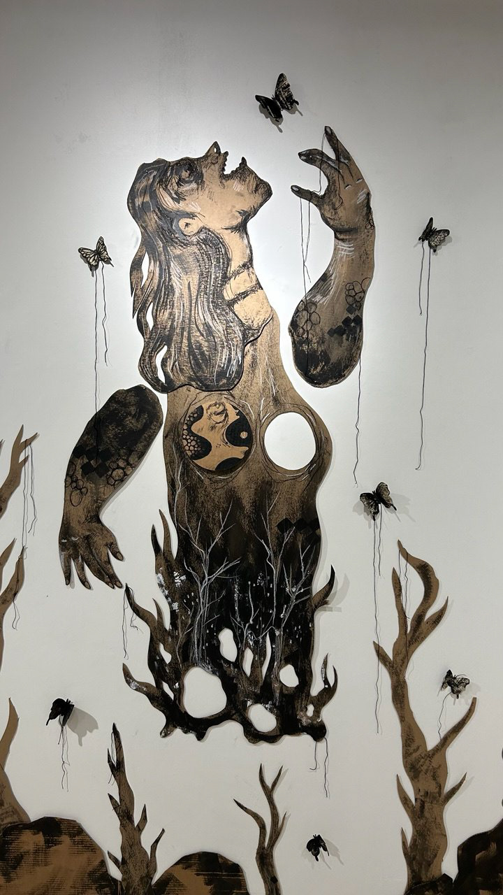 Puppet and Parvaneh, Acrylic and Charcoal on Cardboard