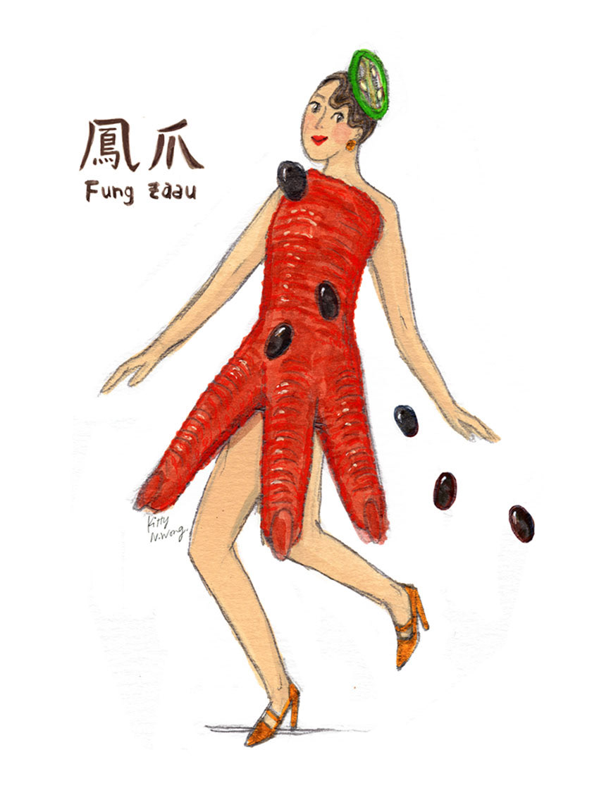 Hong Kong culture inspired illustration featuring cartoon girl in a red dress inspired by dim sum chicken feet fung zaau
