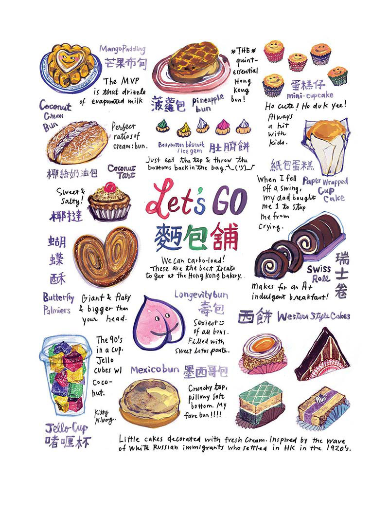 Illustration of Hong Kong foods, bakery buns, cookies and cakes that says "Let's Go 麵包舖"
