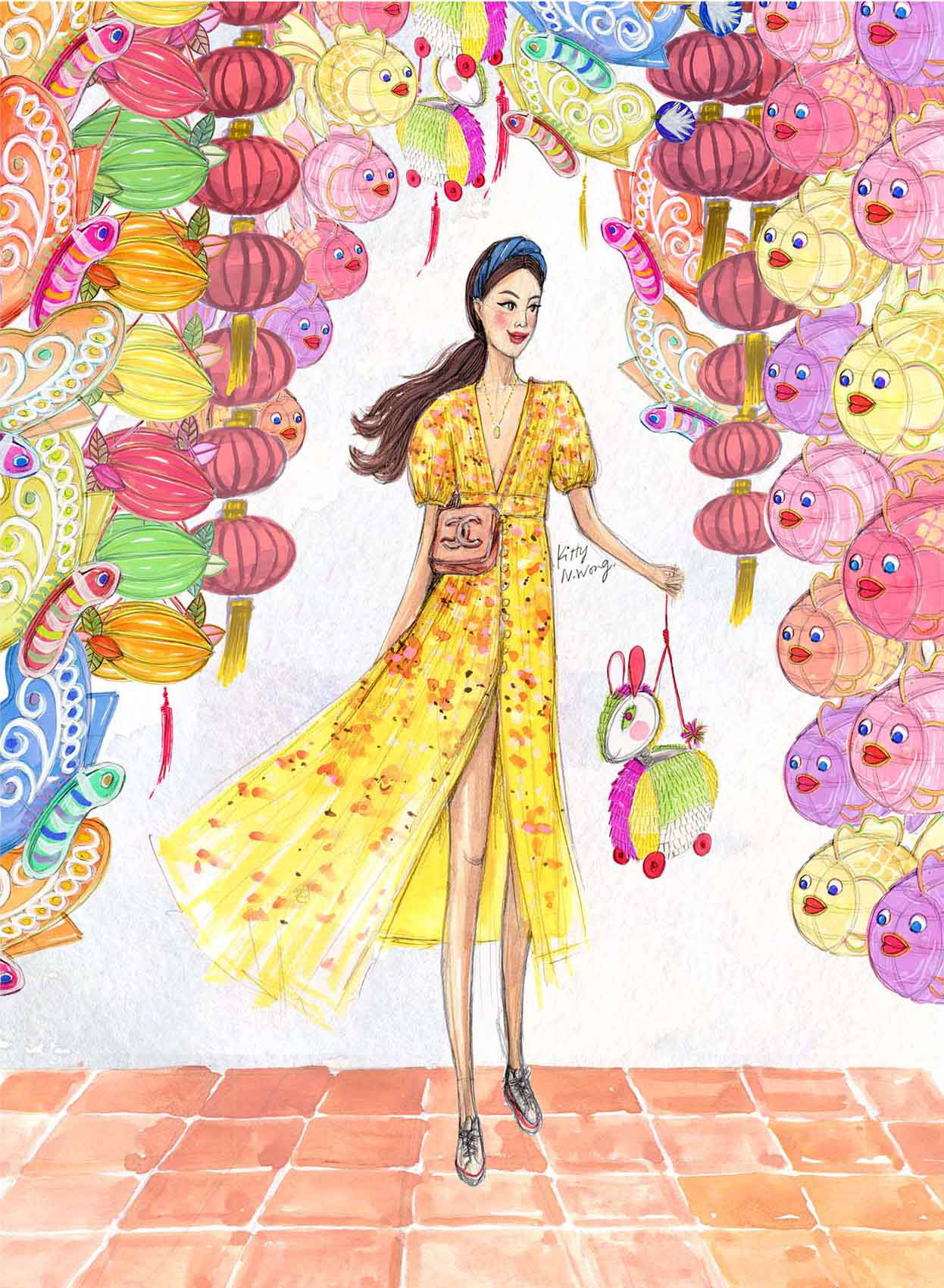 Colourful illustration of stylish blogger girl Sam is Home in Hong Kong lantern street