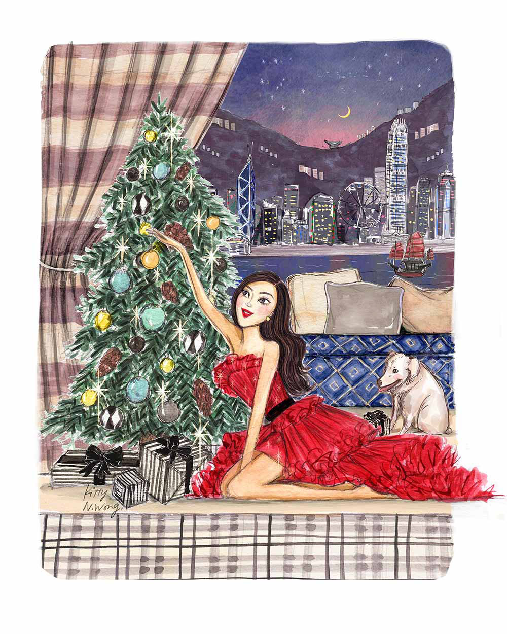 Painting in gouache of fashion blogger Tina Lee wearing red ballgown with christmas tree and Hong Kong skyline