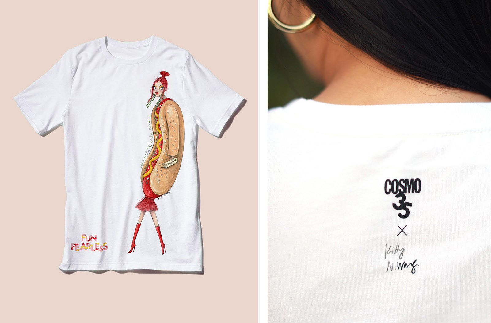 White tee shirt with hot dog girl design that says "Cosmo 35 x Kitty N. Wong"
