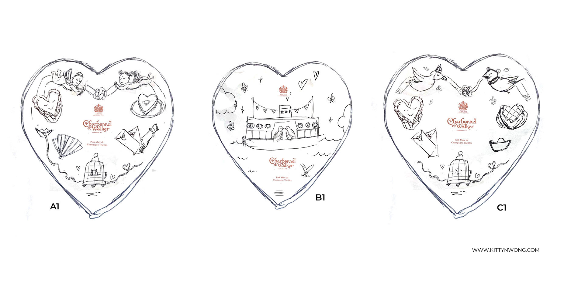 Rough pencil drafts of chocolate box designs with drawings of Hong Kong star ferry and hearts
