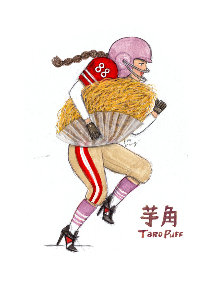 Hong Kong food inspired fashion illustration by HK illustrator Kitty N. Wong for with girl wearing football uniform carrying a giant taro puff dim sum.