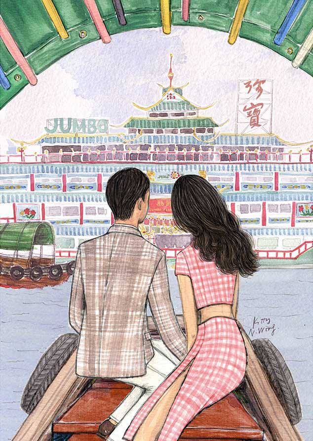 Painting of the back of dark haired man and woman couple sitting on a sampan looking at the Jumbo Floating Restaurant in Aberdeen Harbour in Hong Kong
