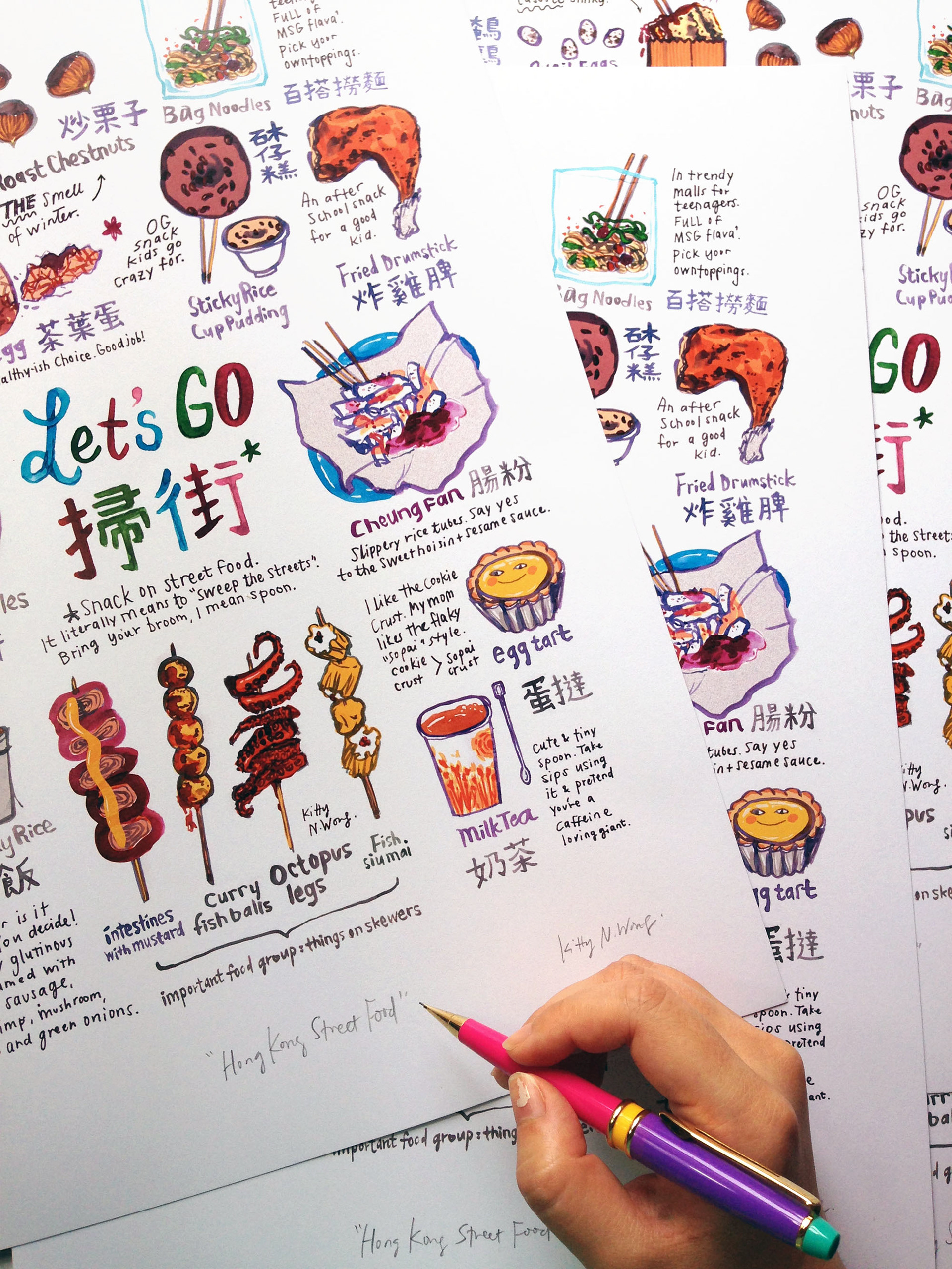 Artist's hand holding colourful mechanical pencil signing Hong Kong Street Food art print