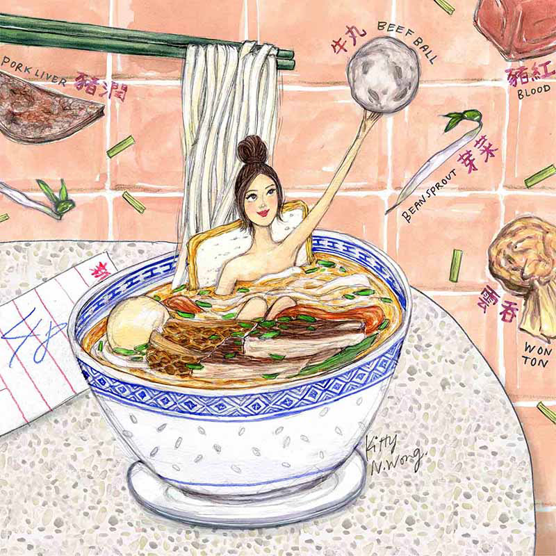 Drawing of a girl with top bun bathing in a bowl of rice noodle, in a blue and white porcelain Chinese bowl, with pink tile background.