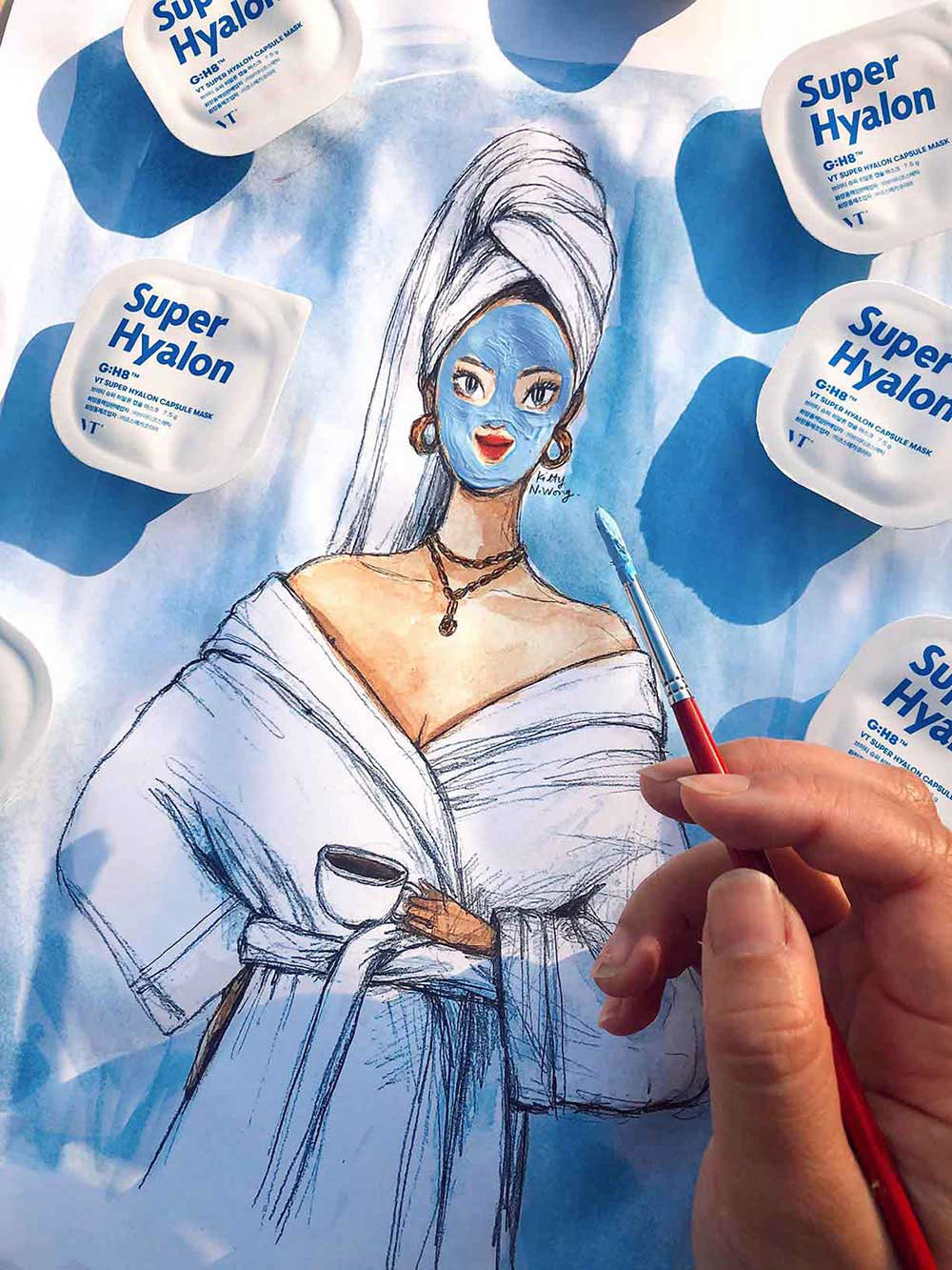 Fashion illustration of girl in white towel and bathrobe with blue clay mask. With flatlay of cosmetics around her.