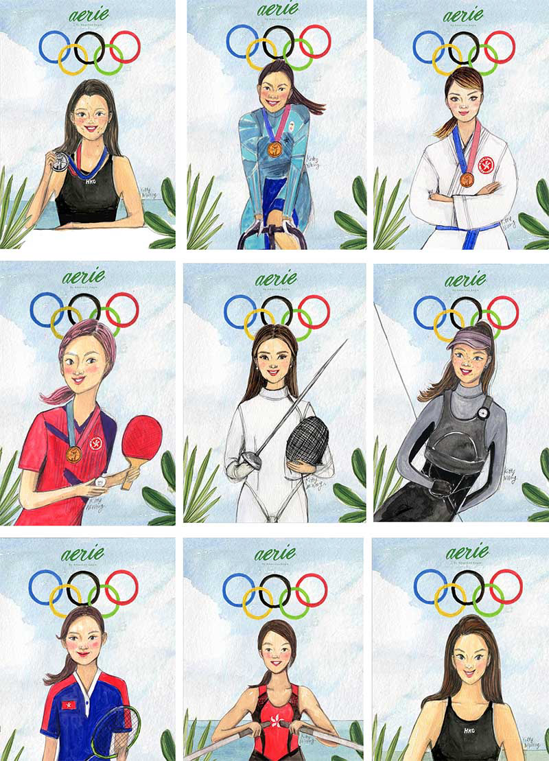 Illustration of female Hong Kong athletes Siobhan Haughey, Sarah Lee, Grace Lau holding metal with blue sky background and green leaves
