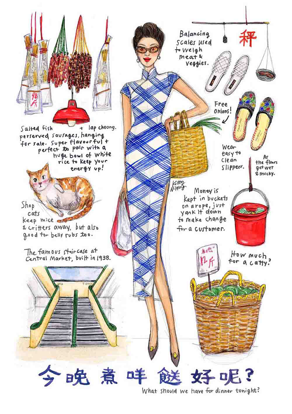 Drawing of a stylish Hong Kong woman in vintage blue and white patternred cheongsam shopping in Central Market with salted fish and cat.