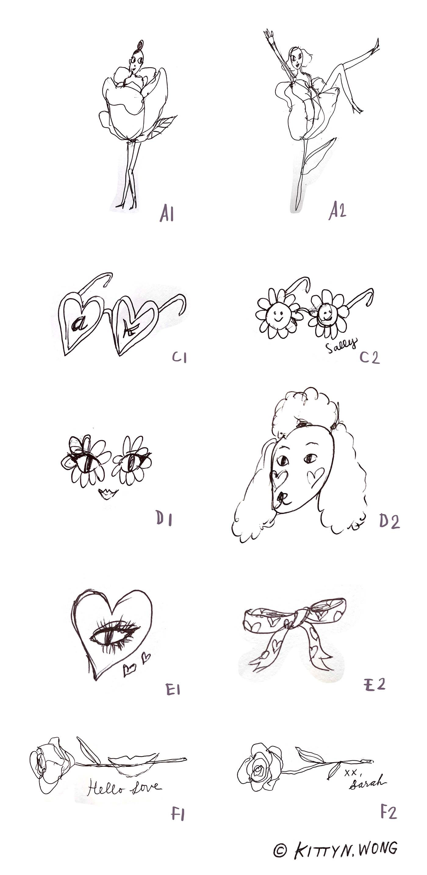Rough pencil sketch of girly thumbnail drawings of roses and dogs