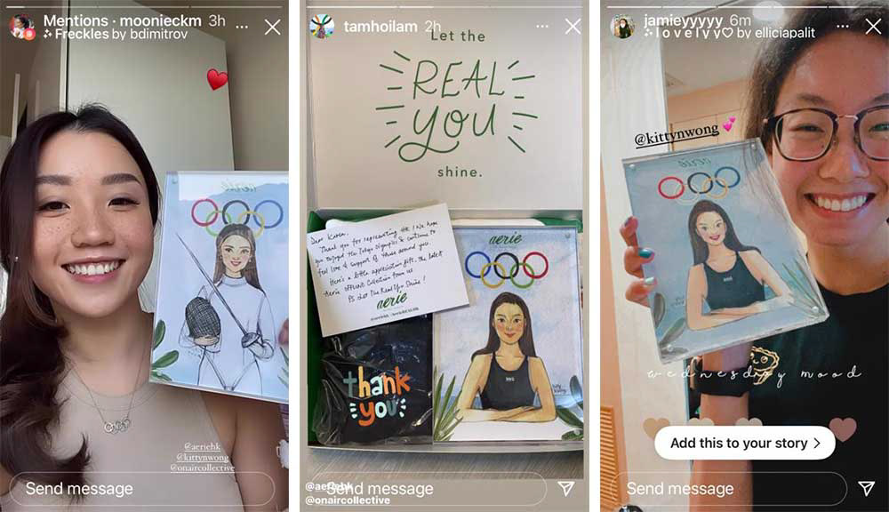 Hong Kong Olympic fencer Moonie Chu and swimmer Jamie Yung holding portraits painted by fashion illustrator