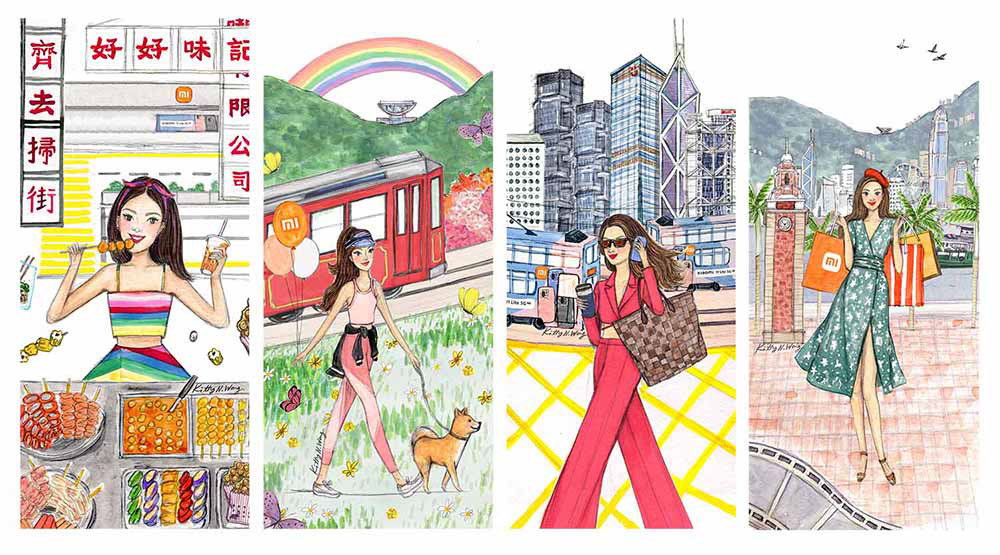 Lifestyle illustration of girls eating in Mong Kok, walking a dog on the peak and working in Central and shopping in TST