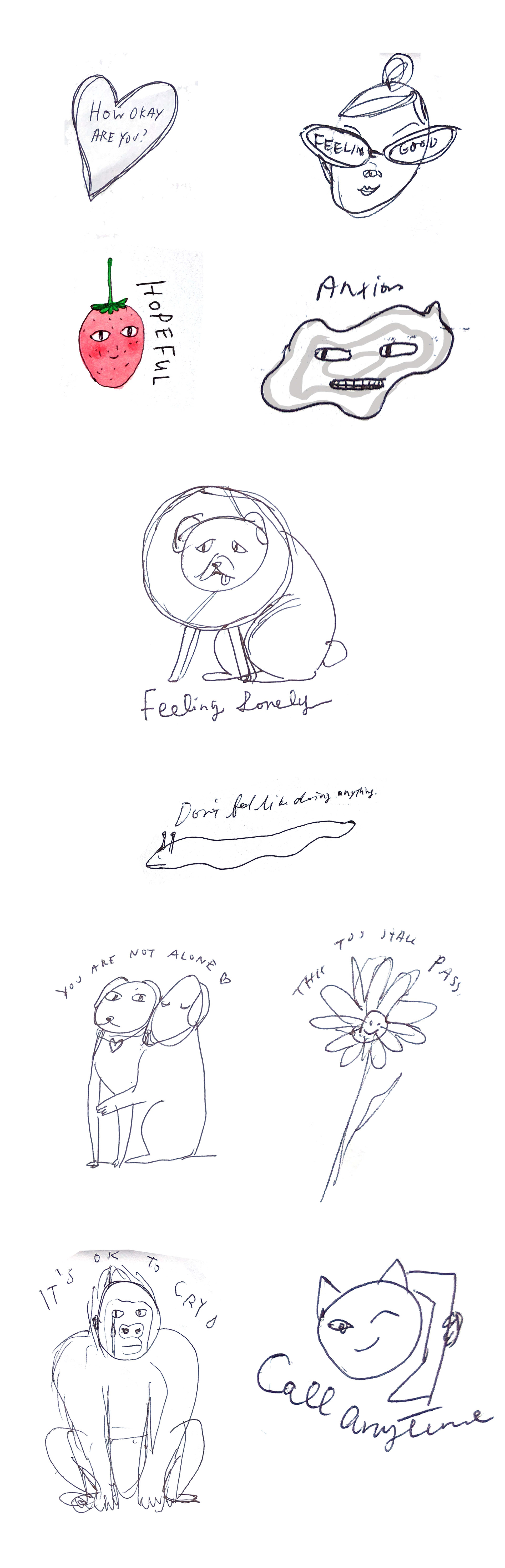 Rough pencil sketches for cute sticker designs