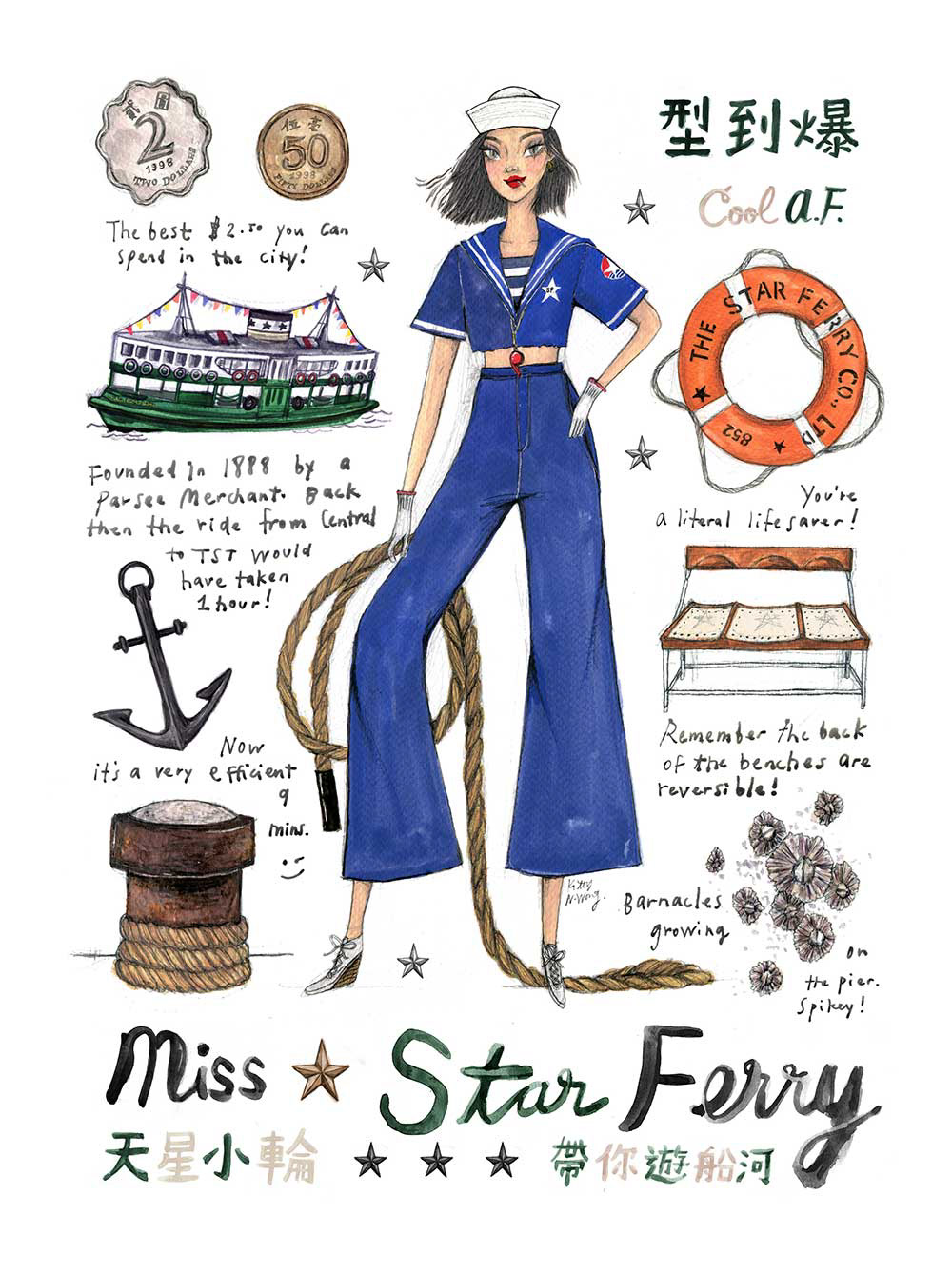 Drawing of Star Ferry and sailor girl wearing white hat in navy uniform