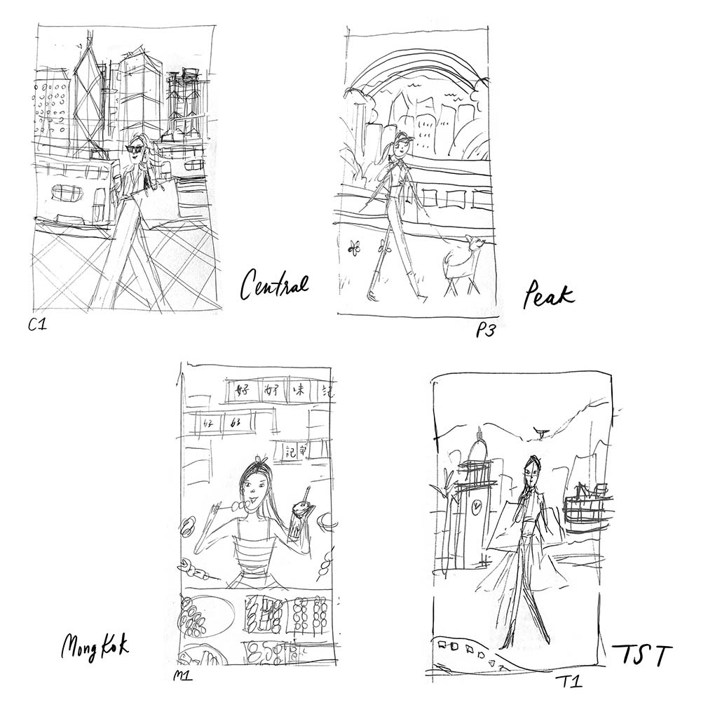 Rough pencil sketches of stylish girls in shopping in Hong Kong